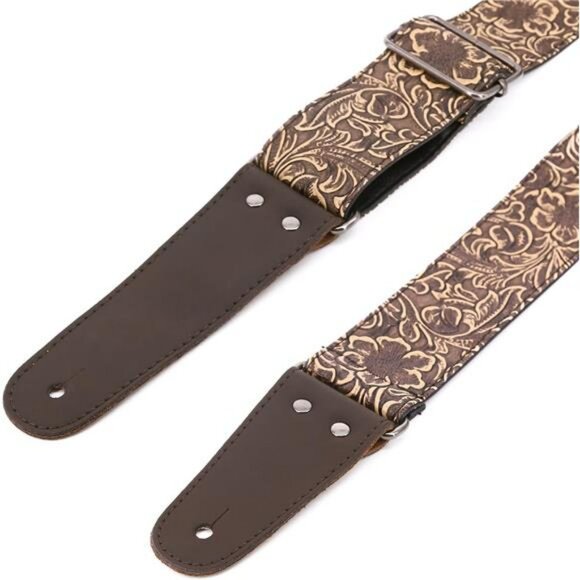 Leather Guitar Strap Vintage Western Adjustable Electric Bass Bronze PU Ends - Picture 5 of 8